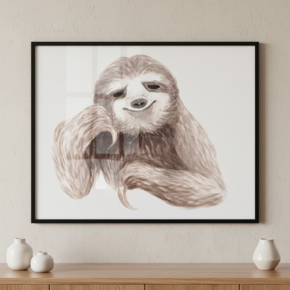 Sloth long hair smile his face ภาพติดผังสไตล์สแกนดิเนเวีย สำหรับตกแต่งบ้านและคอนโด พร้อมกรอบคุณภาพ