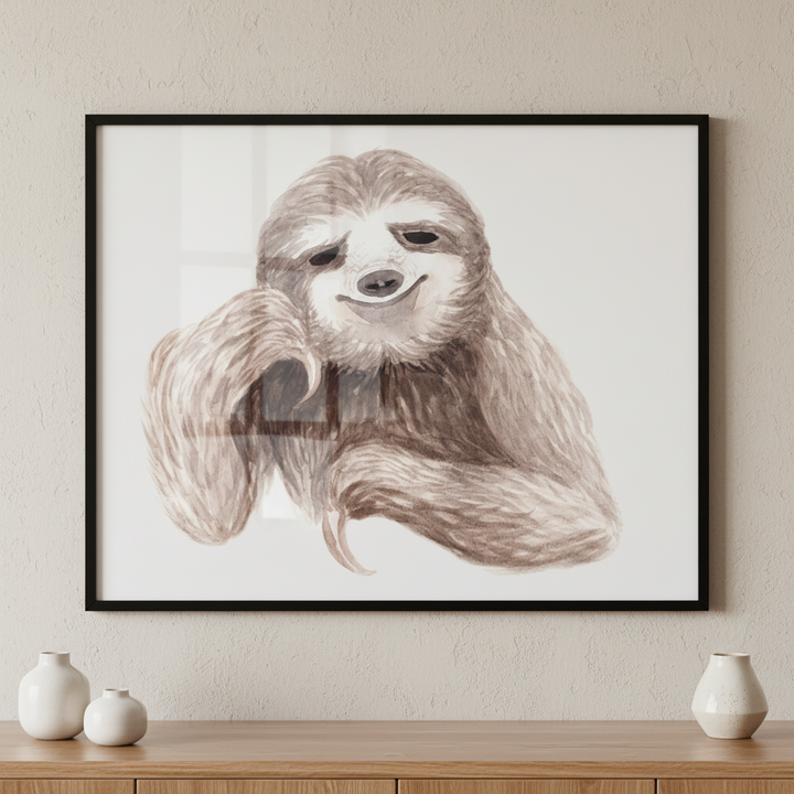 Sloth long hair smile his face ภาพติดผังสไตล์สแกนดิเนเวีย สำหรับตกแต่งบ้านและคอนโด พร้อมกรอบคุณภาพ