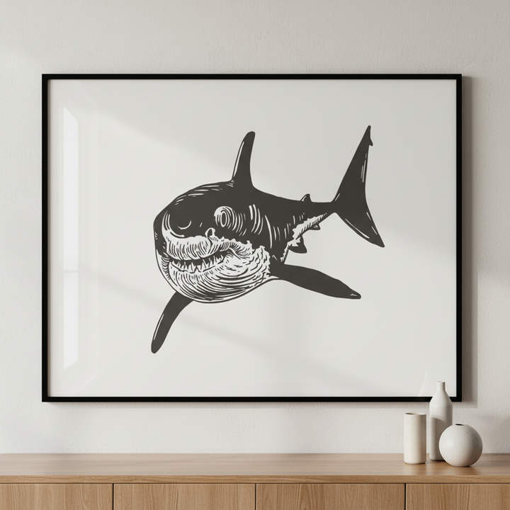 Black white shark mouth ภาพติดผังสไตล์สแกนดิเนเวีย สำหรับตกแต่งบ้านและคอนโด พร้อมกรอบคุณภาพ
