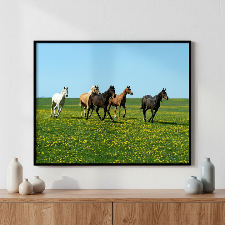 Four horses running field yellow flowers ภาพติดผังสไตล์สแกนดิเนเวีย สำหรับตกแต่งบ้านและคอนโด พร้อมกรอบคุณภาพ