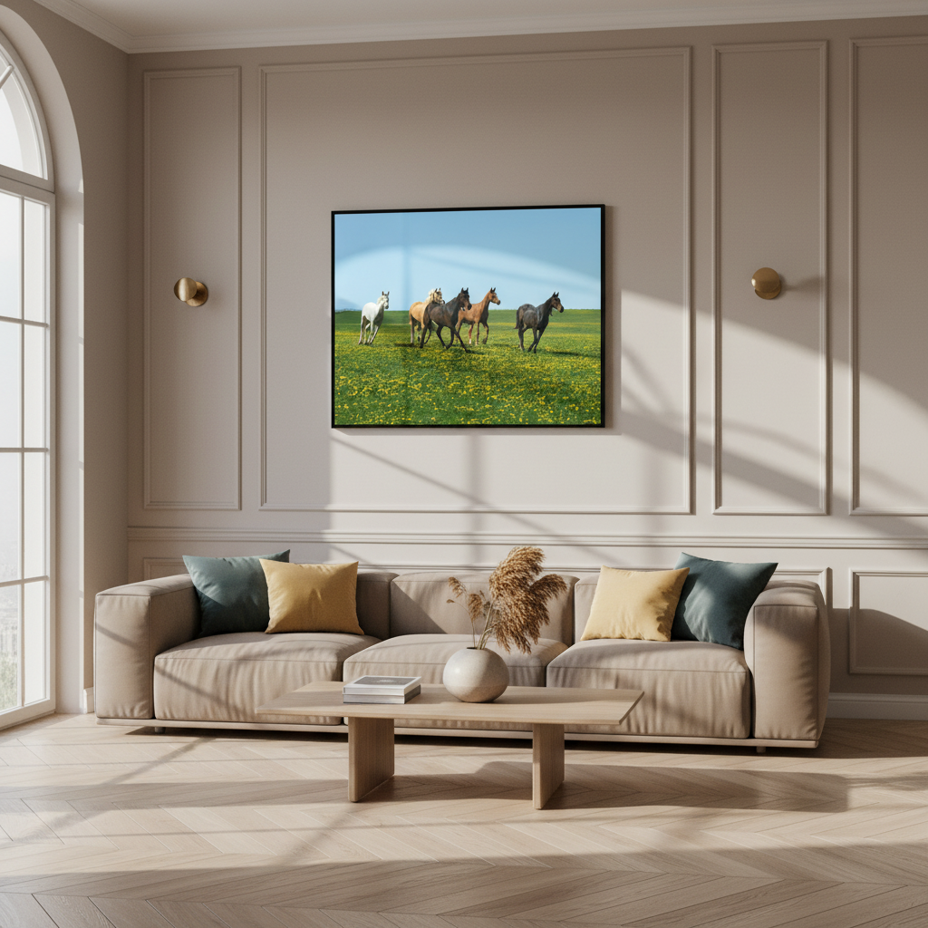 Four horses running field yellow flowers