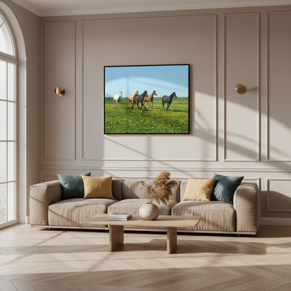 Four horses running field yellow flowers