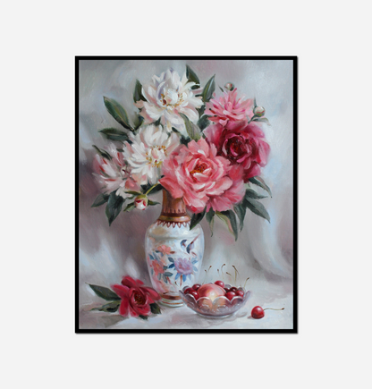 Painting vase flowers cherries table