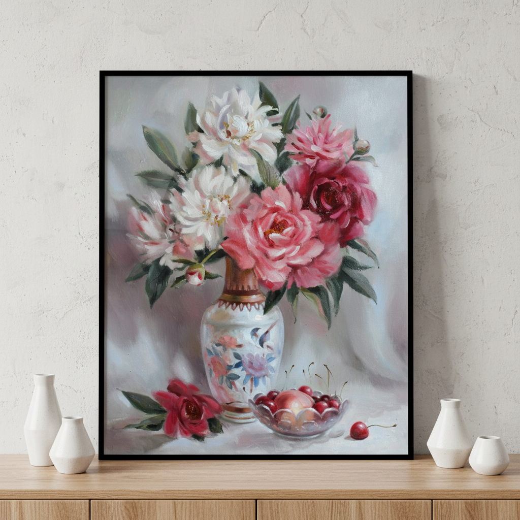Painting vase flowers cherries table ภาพติดผังสไตล์สแกนดิเนเวีย สำหรับตกแต่งบ้านและคอนโด พร้อมกรอบคุณภาพ