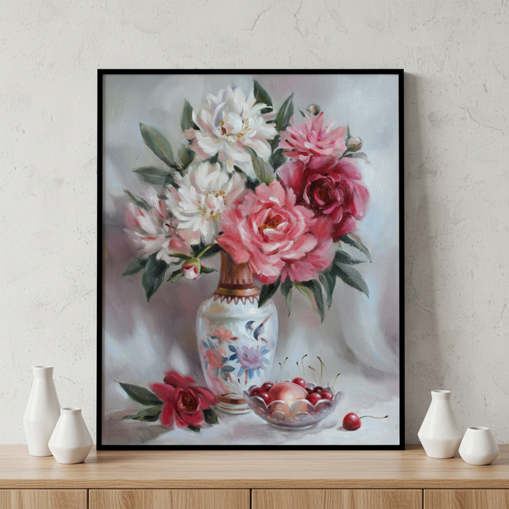 Painting vase flowers cherries table ภาพติดผังสไตล์สแกนดิเนเวีย สำหรับตกแต่งบ้านและคอนโด พร้อมกรอบคุณภาพ
