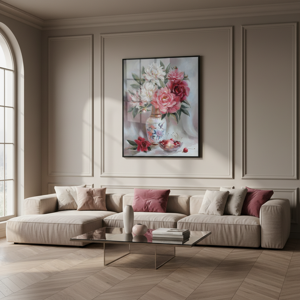 Painting vase flowers cherries table
