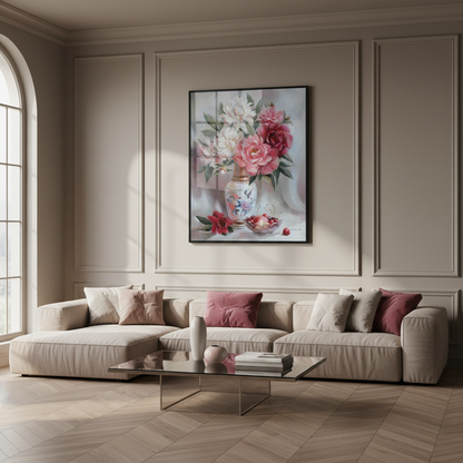 Painting vase flowers cherries table