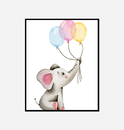 Baby elephant holding balloons