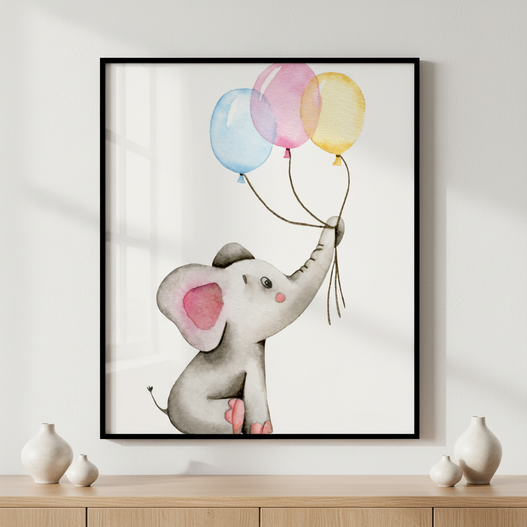 Baby elephant holding balloons ภาพติดผังสไตล์สแกนดิเนเวีย สำหรับตกแต่งบ้านและคอนโด พร้อมกรอบคุณภาพ