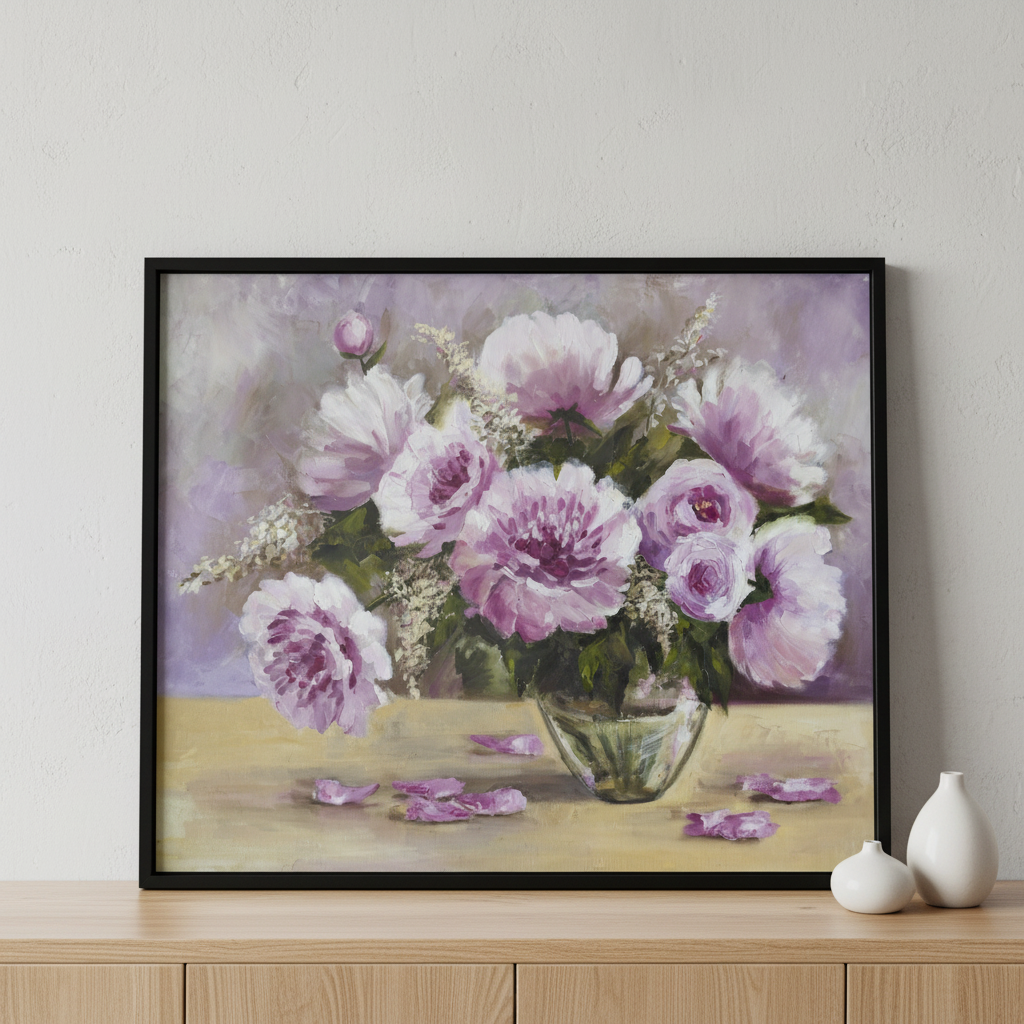 Painting vase pink flowers table ภาพติดผังสไตล์สแกนดิเนเวีย สำหรับตกแต่งบ้านและคอนโด พร้อมกรอบคุณภาพ