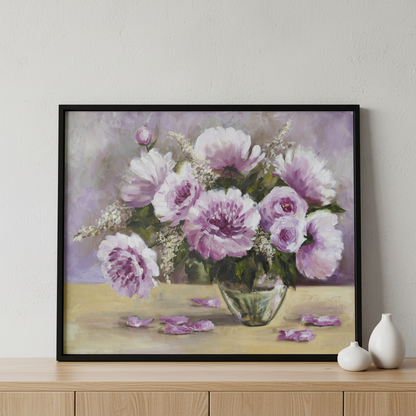 Painting vase pink flowers table ภาพติดผังสไตล์สแกนดิเนเวีย สำหรับตกแต่งบ้านและคอนโด พร้อมกรอบคุณภาพ