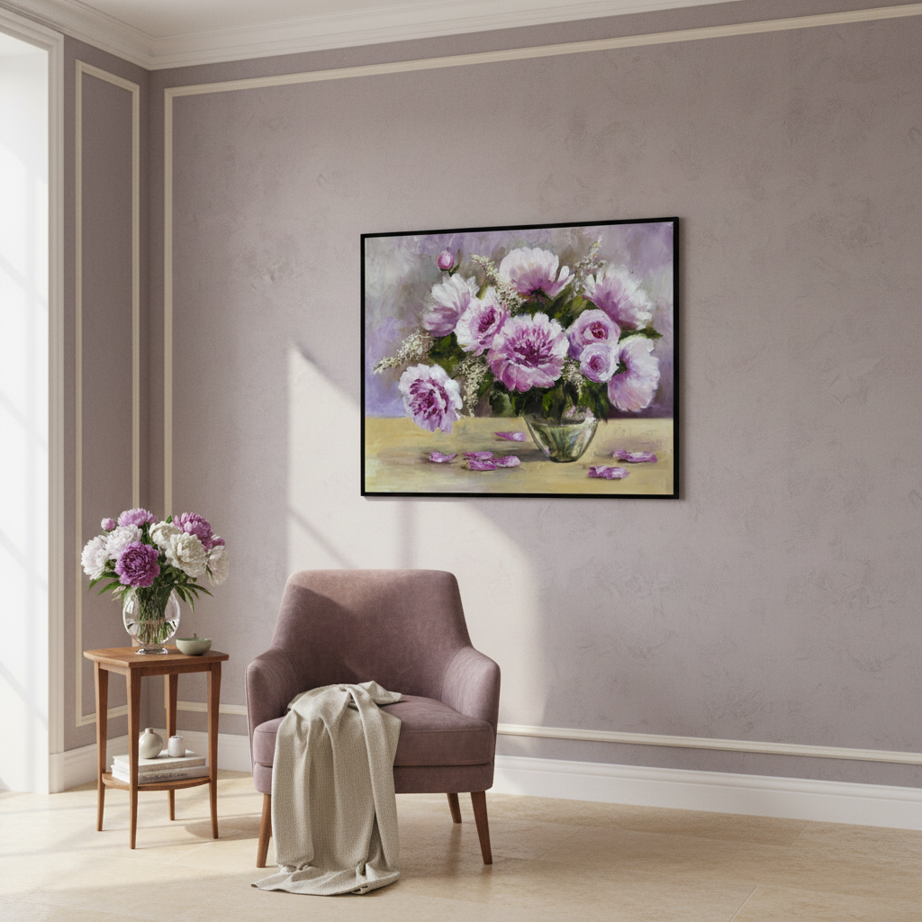 Painting vase pink flowers table