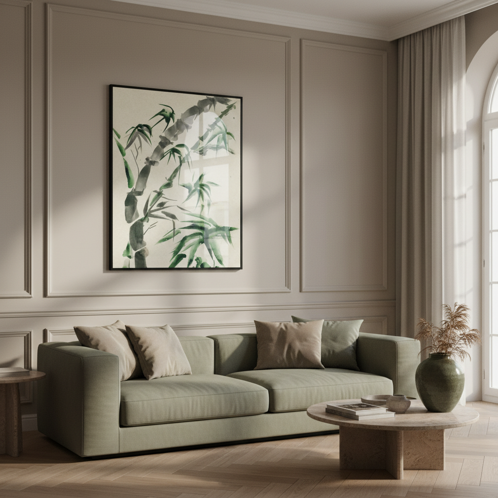 Close painting bamboo tree green leaves