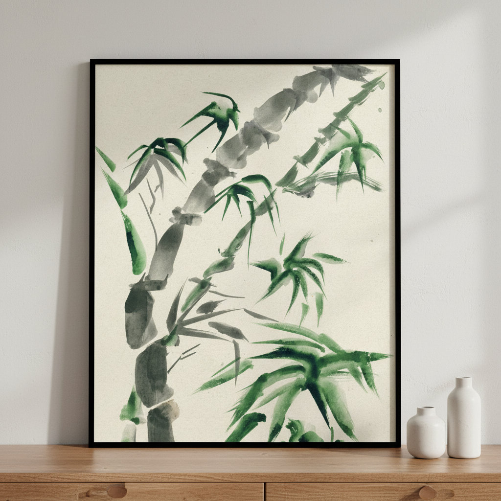 Close painting bamboo tree green leaves ภาพติดผังสไตล์ธรรมชาติ สำหรับตกแต่งบ้านและคอนโด พร้อมกรอบคุณภาพ