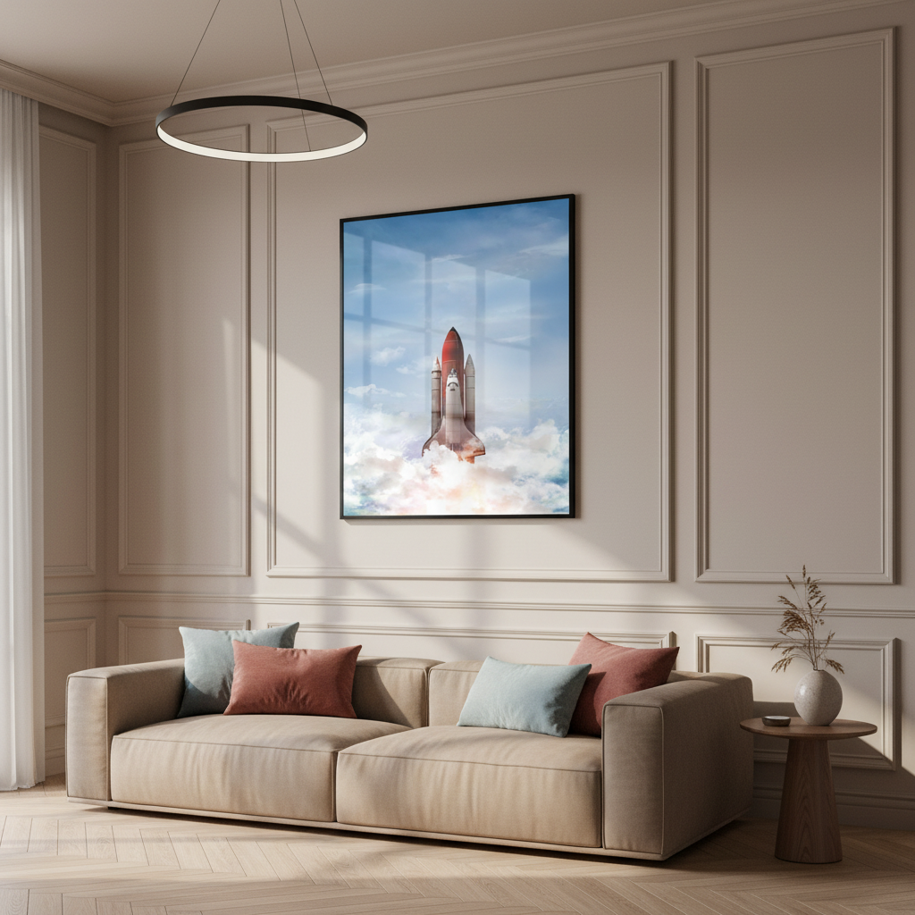 Space shuttle taking off into sky