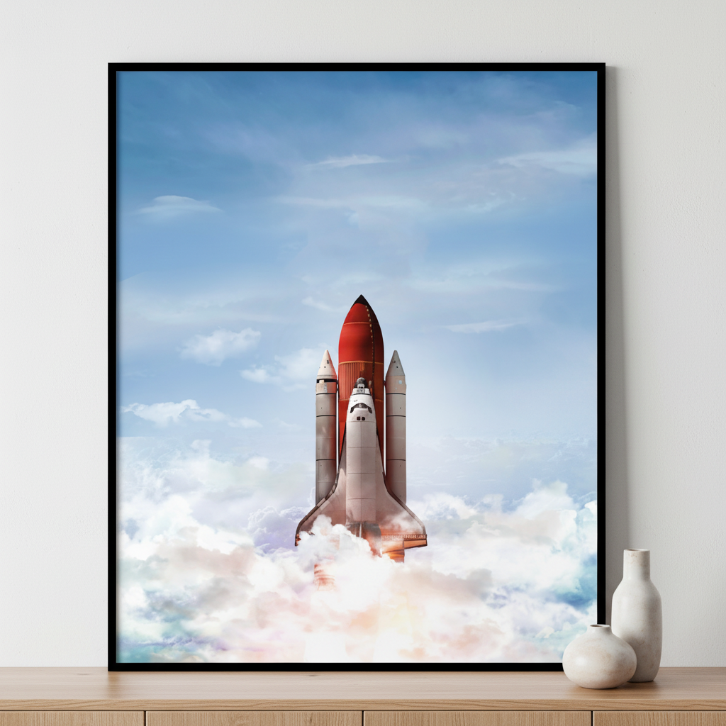 Space shuttle taking off into sky ภาพติดผังสไตล์นามธรรม สำหรับตกแต่งบ้านและคอนโด พร้อมกรอบคุณภาพ