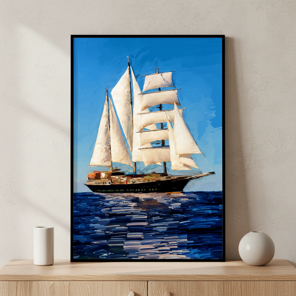 Painting sailboat ocean blue sky ภาพติดผังสไตล์วิวธรรมชาติ สำหรับตกแต่งบ้านและคอนโด พร้อมกรอบคุณภาพ