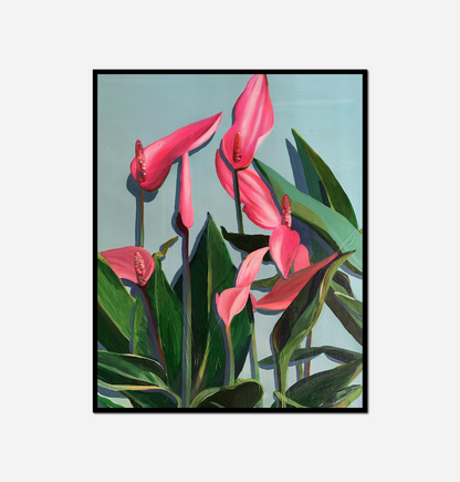 Painting pink flowers against blue sky
