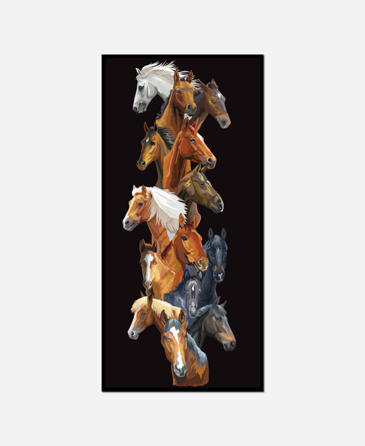 many horses standing together row