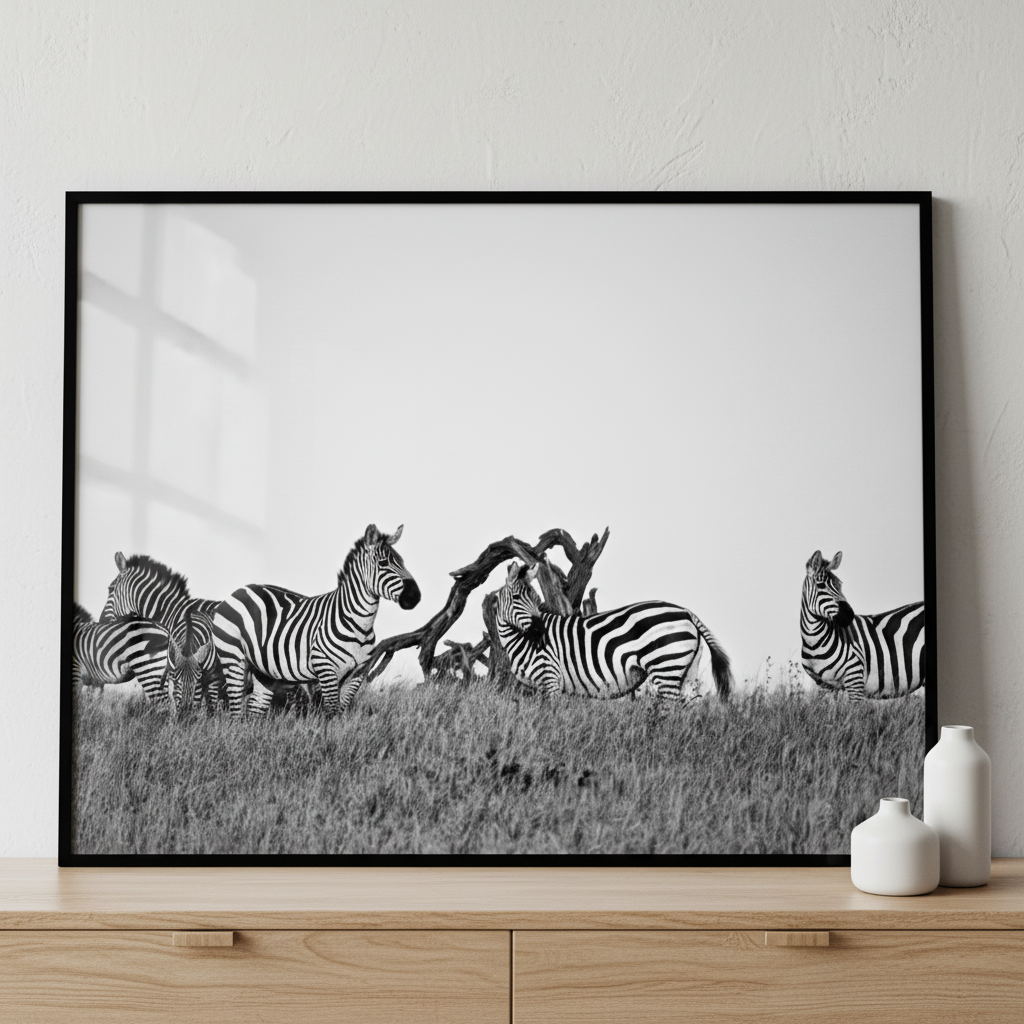 Zebras standing line grassy hill ภาพติดผังสไตล์สแกนดิเนเวีย สำหรับตกแต่งบ้านและคอนโด พร้อมกรอบคุณภาพ