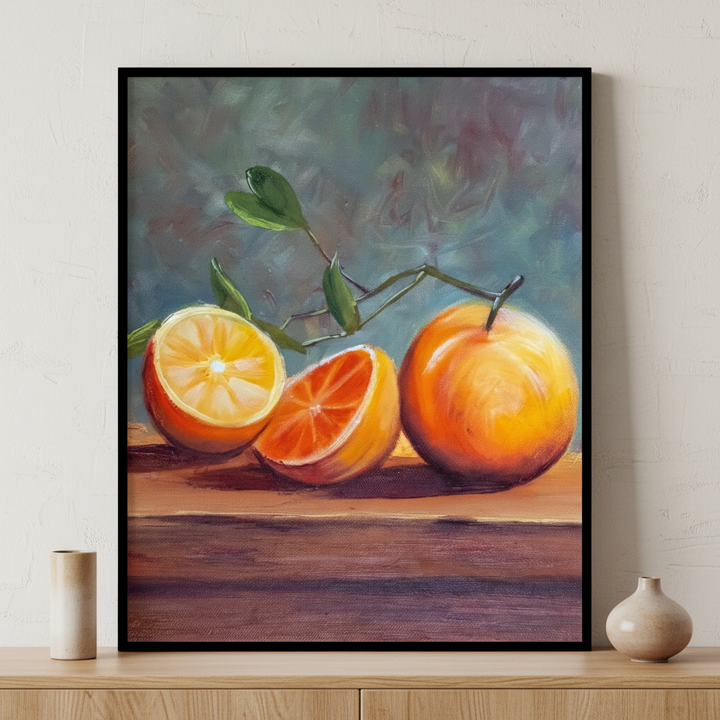 Painting three oranges table green leaf