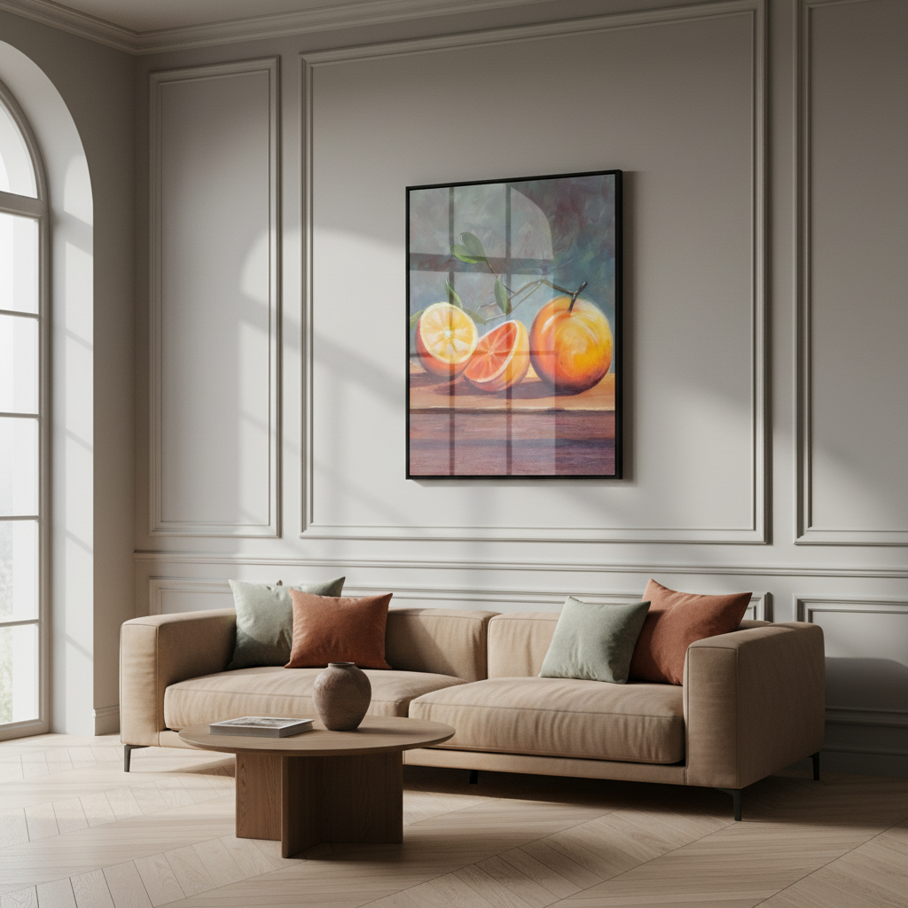 Painting three oranges table green leaf