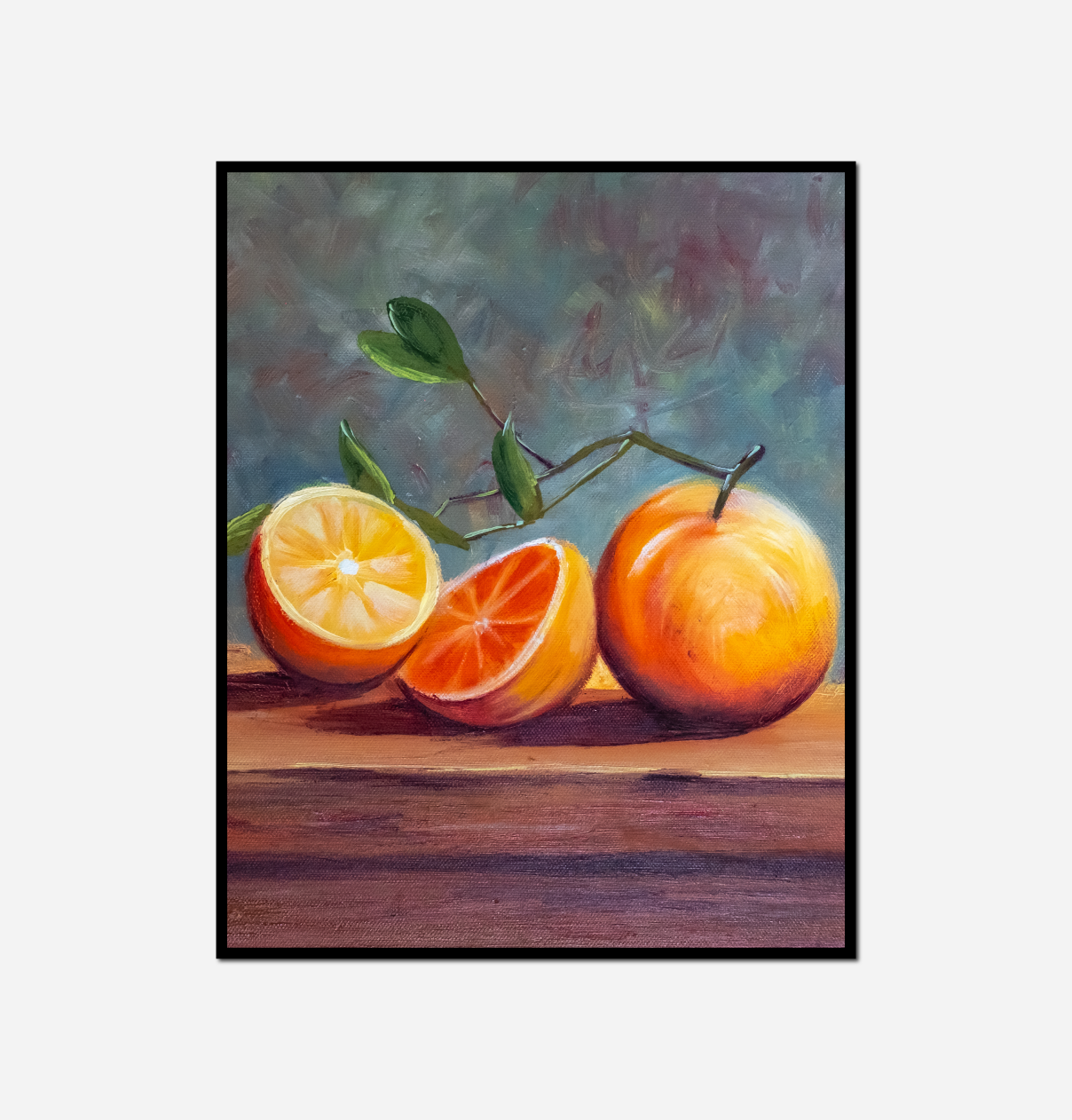 painting three oranges table green leaf