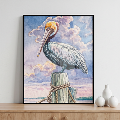 Painting pelican sitting post cloudy day ภาพติดผังสไตล์สแกนดิเนเวีย สำหรับตกแต่งบ้านและคอนโด พร้อมกรอบคุณภาพ