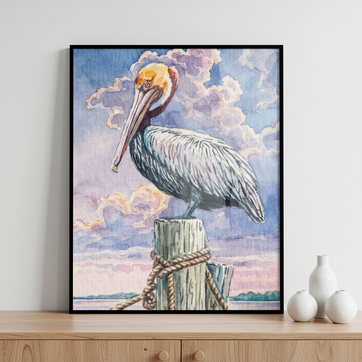 Painting pelican sitting post cloudy day ภาพติดผังสไตล์สแกนดิเนเวีย สำหรับตกแต่งบ้านและคอนโด พร้อมกรอบคุณภาพ