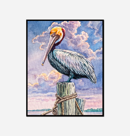 Painting pelican sitting post cloudy day