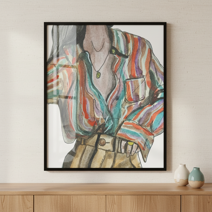 Painting woman colorful shirt belted pants ภาพติดผังสไตล์สแกนดิเนเวีย สำหรับตกแต่งบ้านและคอนโด พร้อมกรอบคุณภาพ