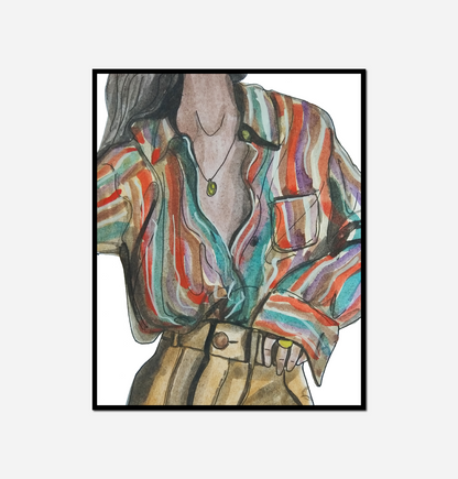 Painting woman colorful shirt belted pants