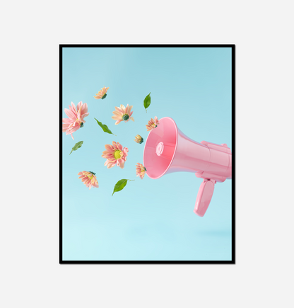 Pink megaphone flowers flying out