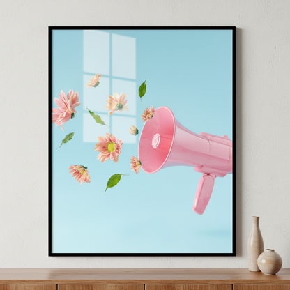 Pink megaphone flowers flying out ภาพติดผังสไตล์สแกนดิเนเวีย สำหรับตกแต่งบ้านและคอนโด พร้อมกรอบคุณภาพ