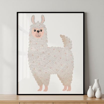 Close white llama pink nose white ภาพติดผังสไตล์สแกนดิเนเวีย สำหรับตกแต่งบ้านและคอนโด พร้อมกรอบคุณภาพ