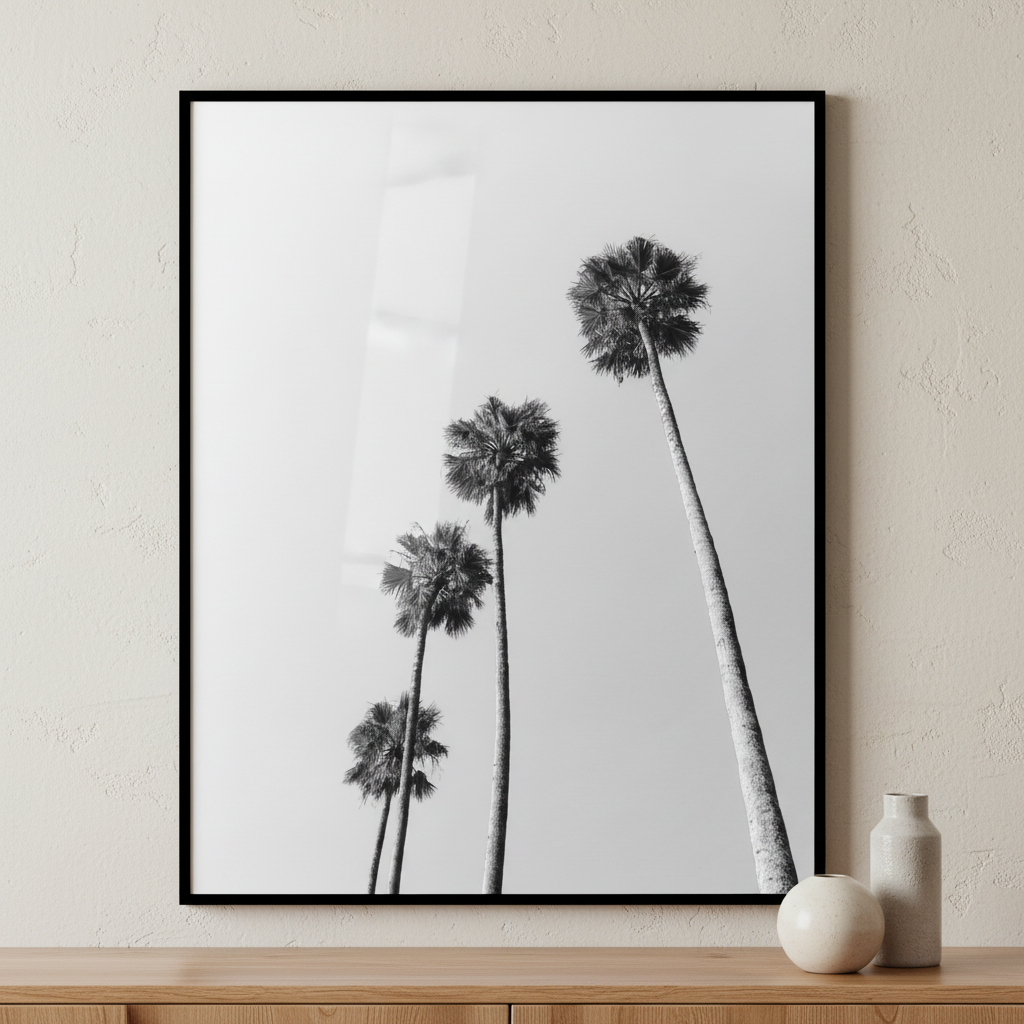 Black white three palm trees against gray sky ภาพติดผังสไตล์นามธรรม สำหรับตกแต่งบ้านและคอนโด พร้อมกรอบคุณภาพ