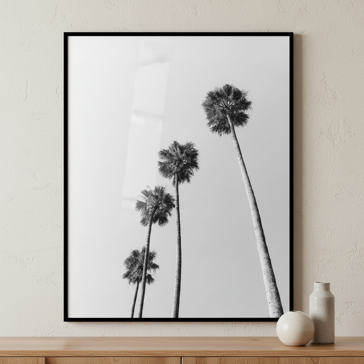 Black white three palm trees against gray sky ภาพติดผังสไตล์นามธรรม สำหรับตกแต่งบ้านและคอนโด พร้อมกรอบคุณภาพ