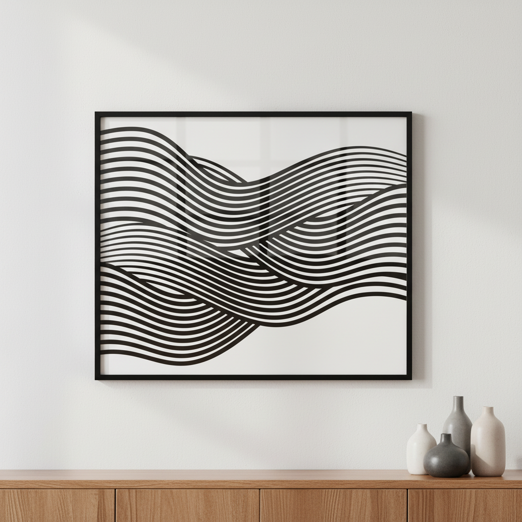 Black white abstract wave design black ภาพติดผังสไตล์สแกนดิเนเวีย สำหรับตกแต่งบ้านและคอนโด พร้อมกรอบคุณภาพ