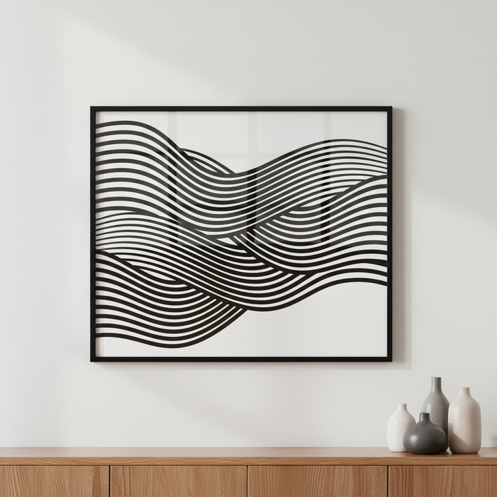 Black white abstract wave design black ภาพติดผังสไตล์สแกนดิเนเวีย สำหรับตกแต่งบ้านและคอนโด พร้อมกรอบคุณภาพ
