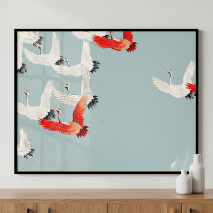 Many birds flying sky together ภาพติดผังสไตล์สแกนดิเนเวีย สำหรับตกแต่งบ้านและคอนโด พร้อมกรอบคุณภาพ