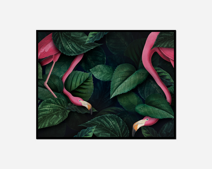 Two flamingos standing group green leaves