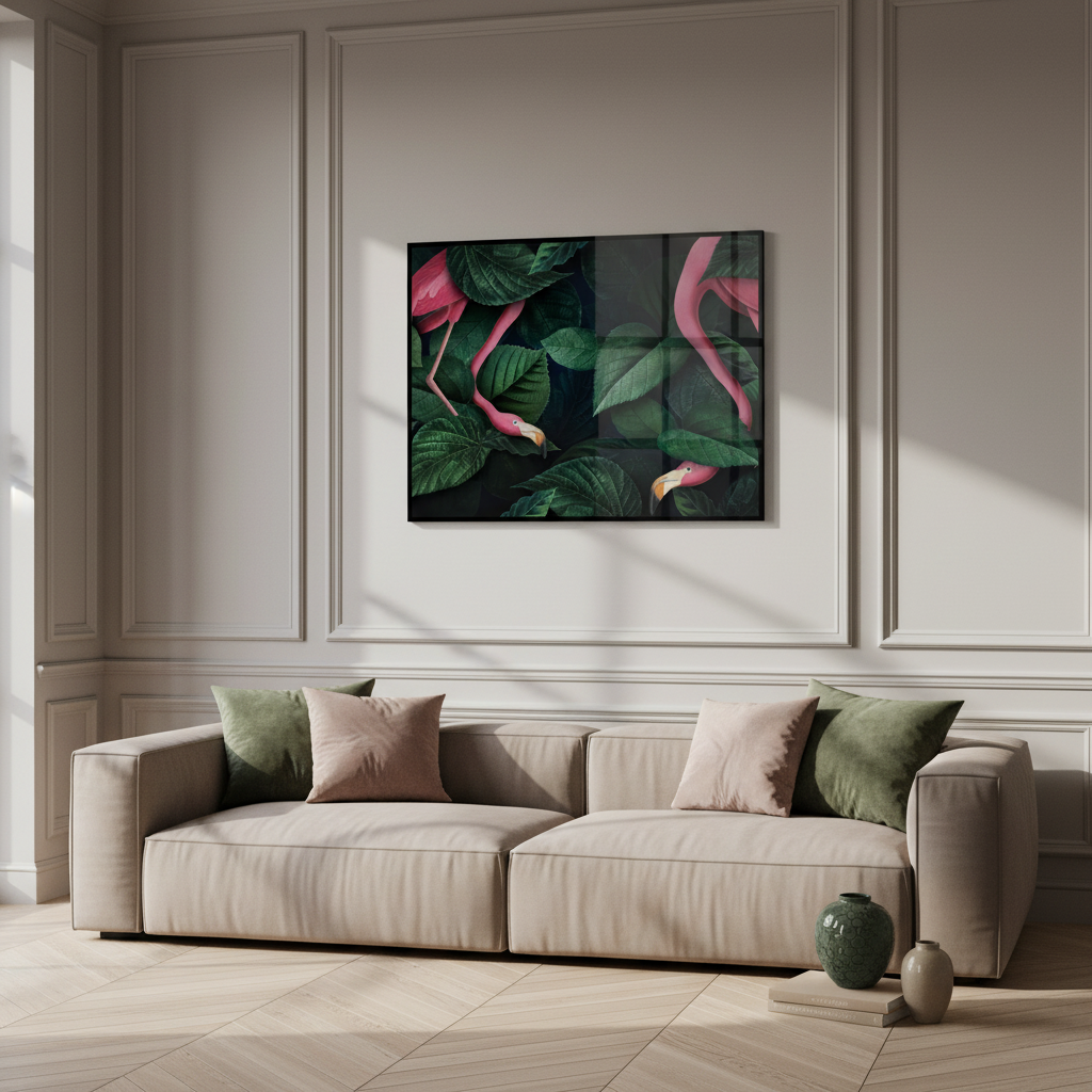 Two flamingos standing group green leaves