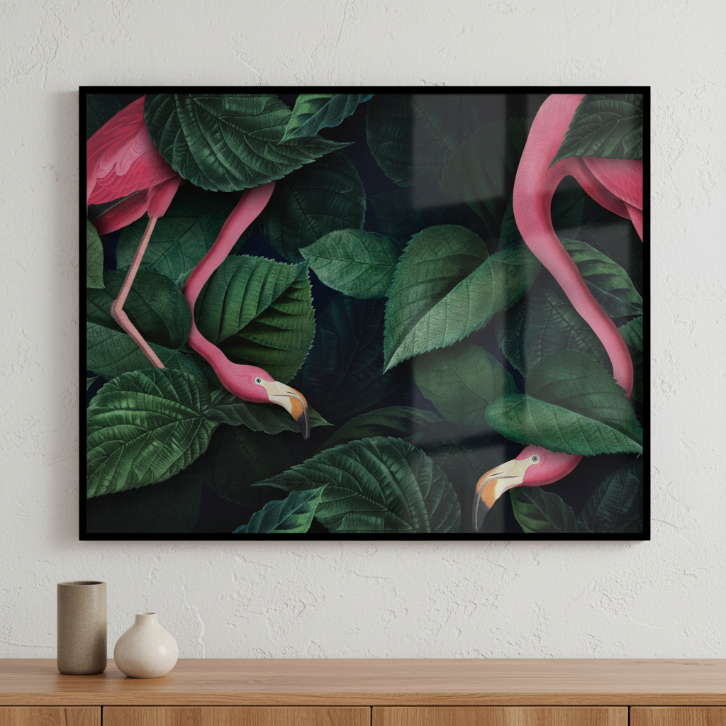 Two flamingos standing group green leaves ภาพติดผังสไตล์นามธรรม สำหรับตกแต่งบ้านและคอนโด พร้อมกรอบคุณภาพ