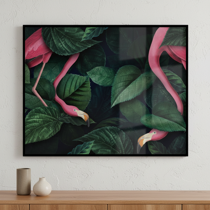 Two flamingos standing group green leaves ภาพติดผังสไตล์นามธรรม สำหรับตกแต่งบ้านและคอนโด พร้อมกรอบคุณภาพ