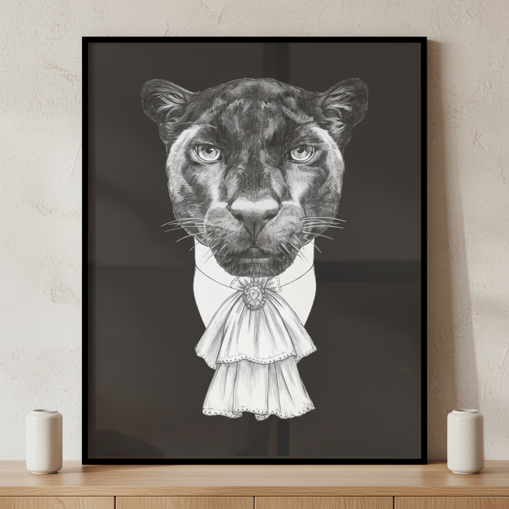 Black white leopard wearing bow tie ภาพติดผังสไตล์สแกนดิเนเวีย สำหรับตกแต่งบ้านและคอนโด พร้อมกรอบคุณภาพ