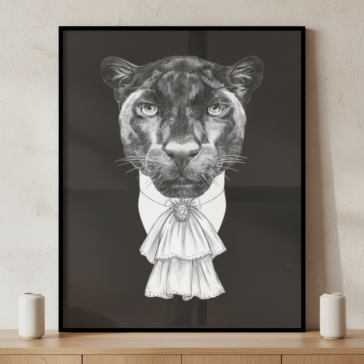 Black white leopard wearing bow tie ภาพติดผังสไตล์สแกนดิเนเวีย สำหรับตกแต่งบ้านและคอนโด พร้อมกรอบคุณภาพ