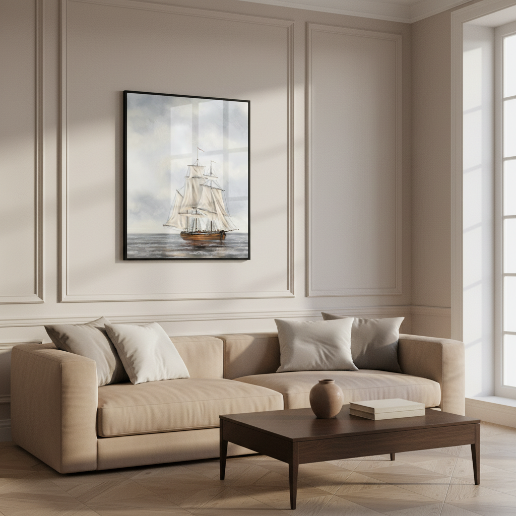 Painting sailboat ocean cloudy sky