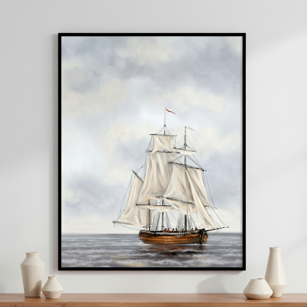 Painting sailboat ocean cloudy sky ภาพติดผังสไตล์วิวธรรมชาติ สำหรับตกแต่งบ้านและคอนโด พร้อมกรอบคุณภาพ