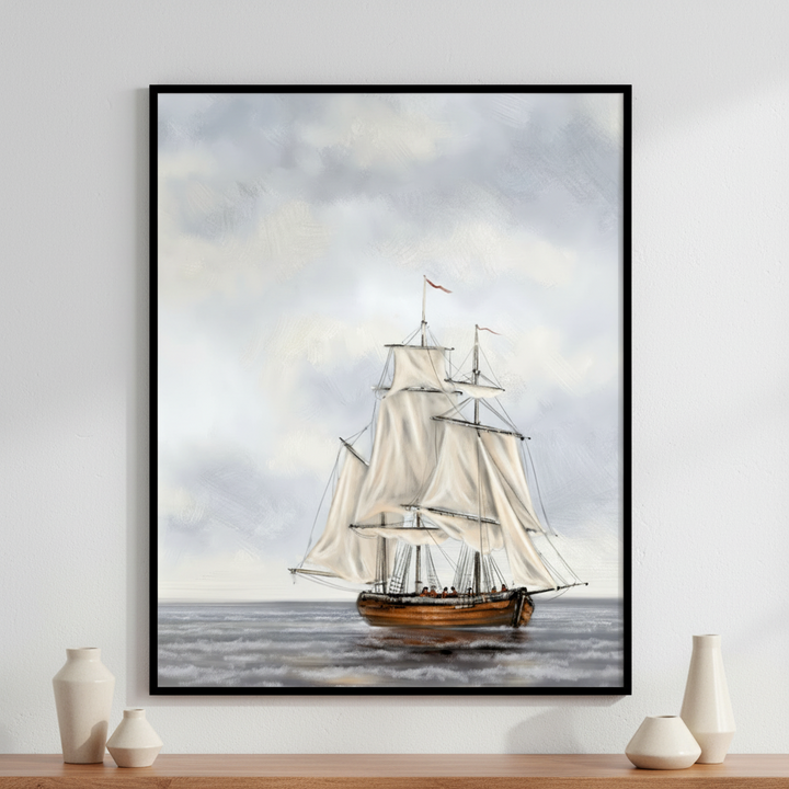 Painting sailboat ocean cloudy sky ภาพติดผังสไตล์วิวธรรมชาติ สำหรับตกแต่งบ้านและคอนโด พร้อมกรอบคุณภาพ