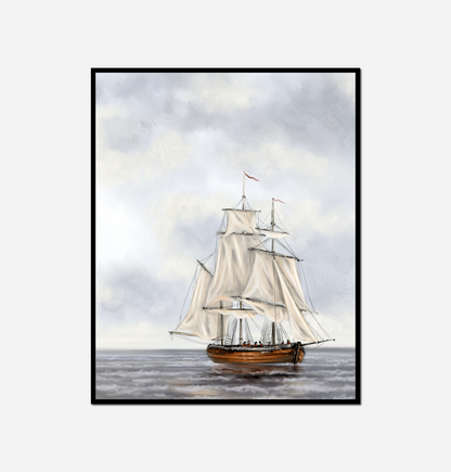 Painting sailboat ocean cloudy sky